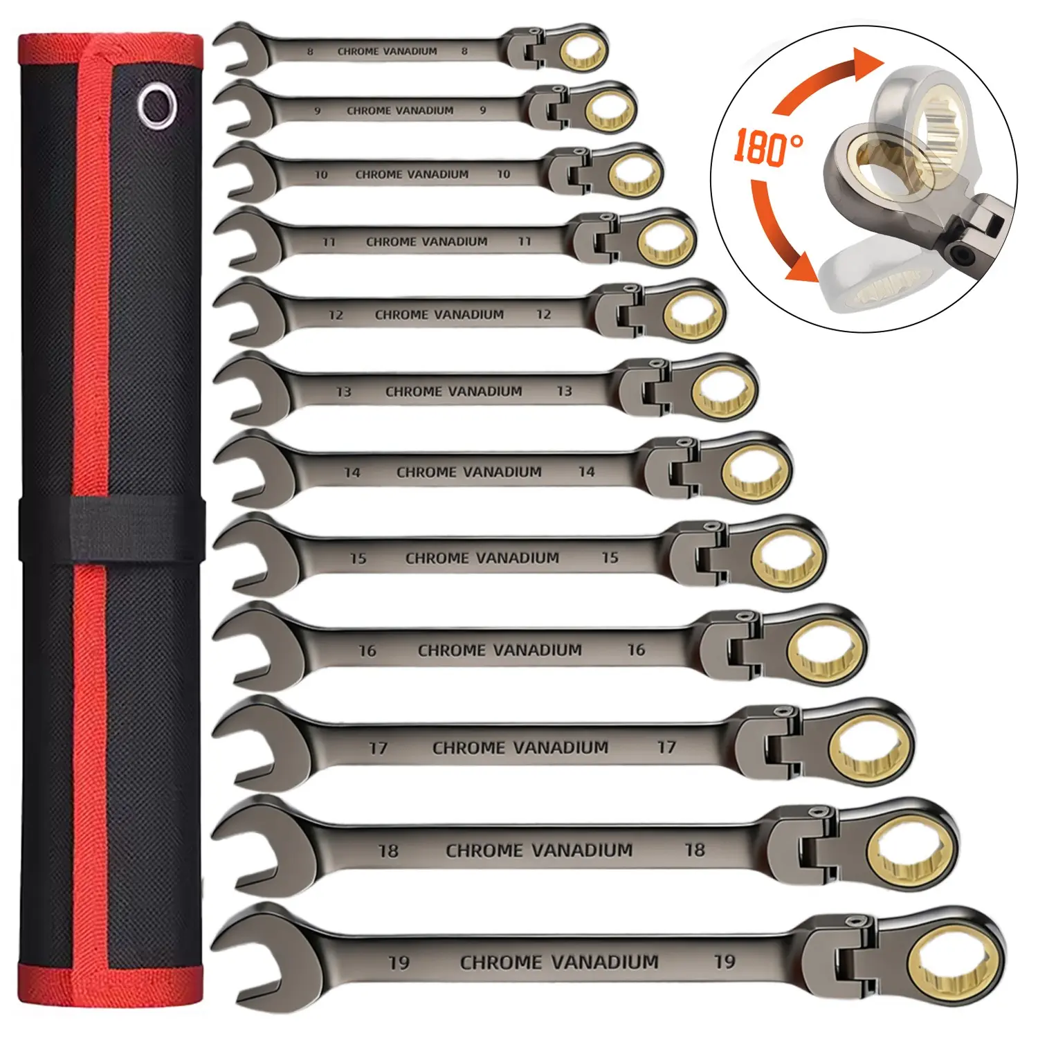 Adjustable Head Ratchet Wrench Set, Metric 72 Tooth Chrome Vanadium Steel Nickel Plated, Car Repair Mechanic Tool, Includes Storage Bag, Ratcheting Wrench