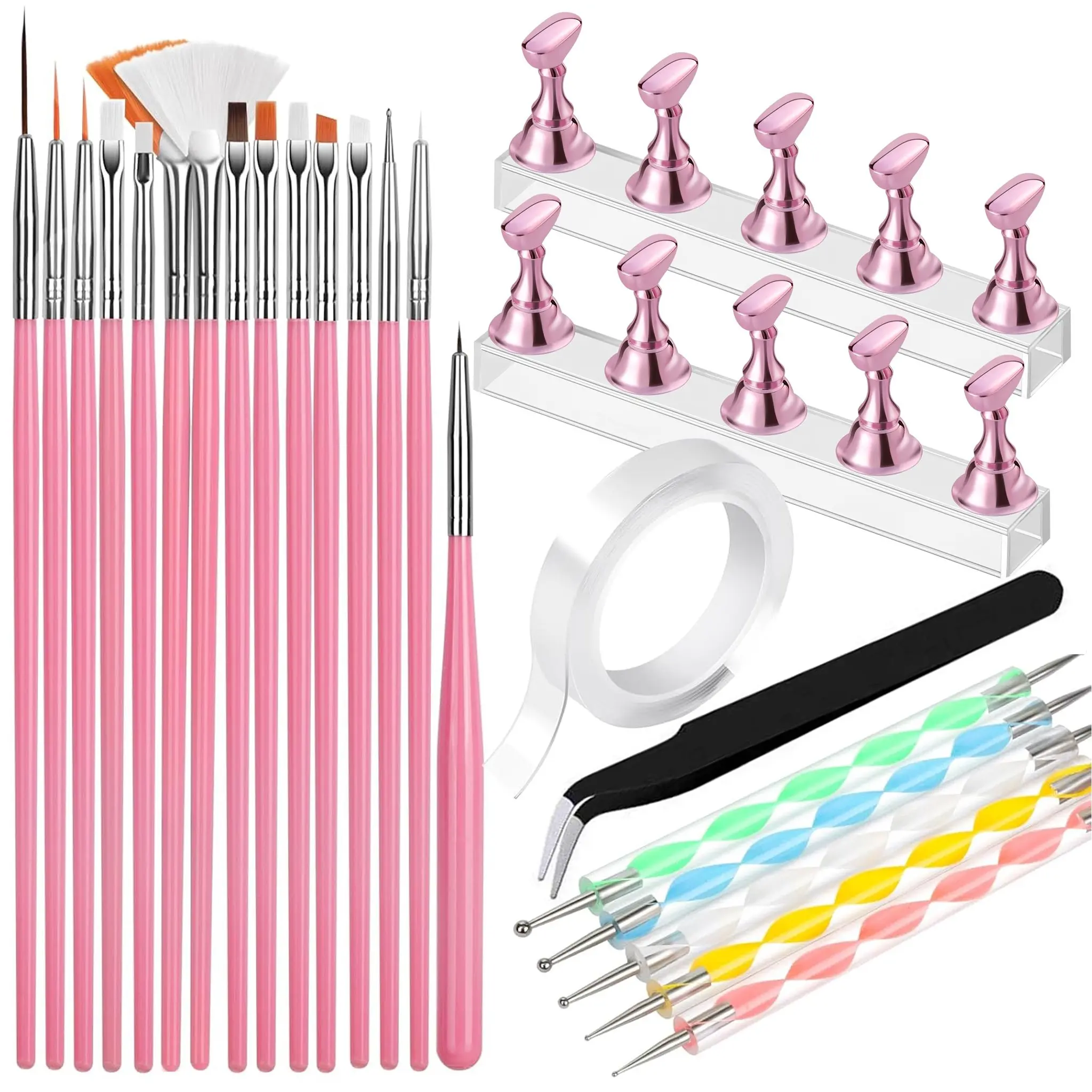 Nail Art Tools, 15 PCS Nail Art Brushes, 5 PCS Nail Dotting Tool Set, Nail Stand for Painting Press-On Nails, Manicure Double-Sided Tape, Nail Design Kit & Tech Supplies