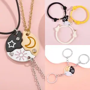 Sun Moon Star Magnetic Necklace/Bracelet/Keychain Set for 3 - Puzzle Design BFF Jewelry for Best Friends & Sisters Ideal Friendship Gift with Round Rhinestone Datail, Perfect for Birthday, Anniversary