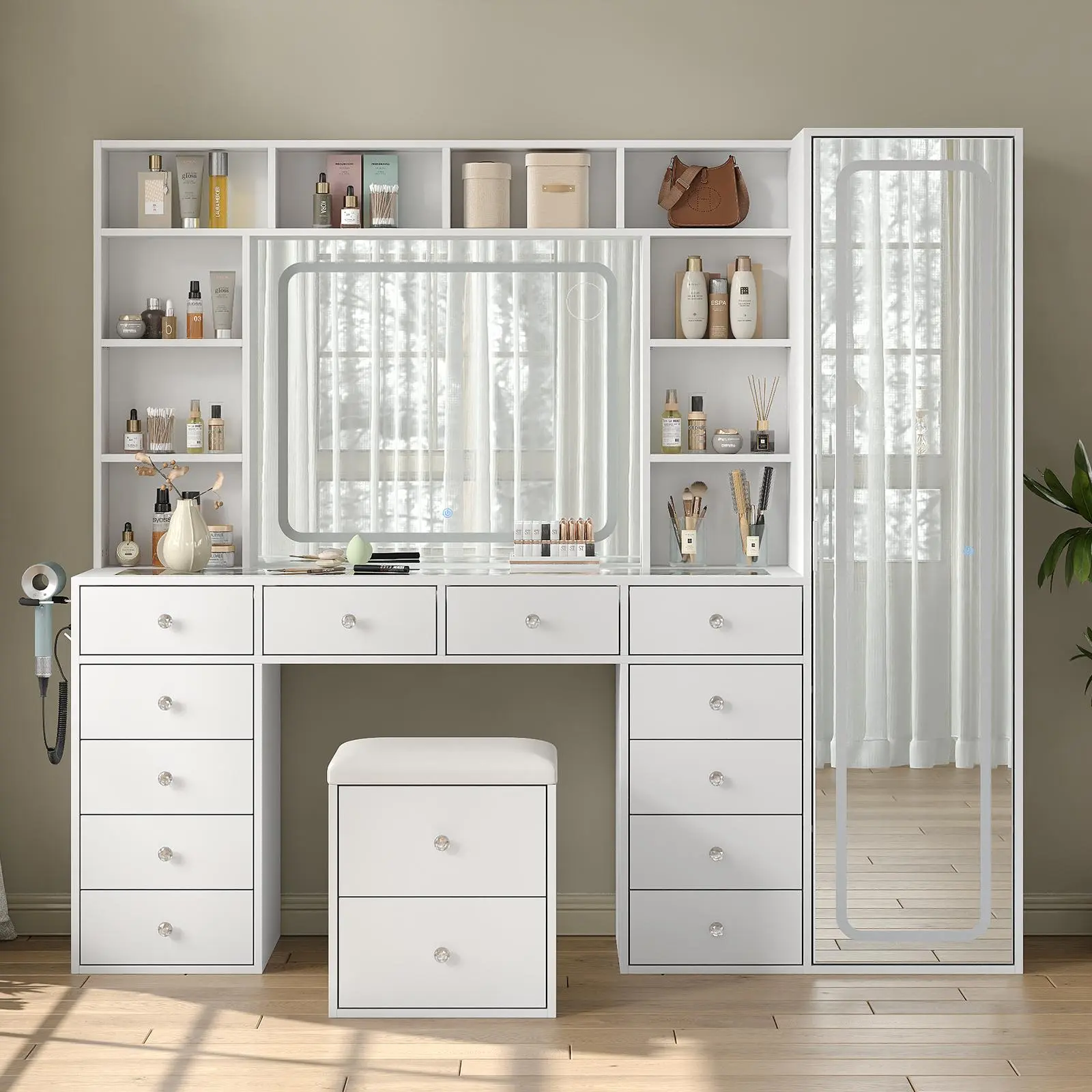 [Shipping by 3 Packages] FUSOU 2-in-1 Vanity Desk Live Flash Sale Full Length Mirror & LED Mirror with Power Outlet, Makeup Vanity 14 Drawers & 10 Shelves, Hidden Storage Capacity, Dimmable & 3 Color Lighting Dressing Table for Bedroom