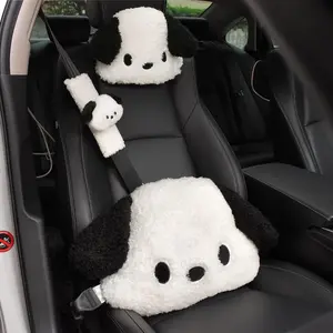 Cute Animal Plush Dog Car Headrest & Lumbar Support Pillow Set with Comfort Belt Pad, Furry Back Pain Relief Accessory for Travel, Mother's Day Gift