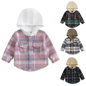 Toddler Boy Girl Flannel Hoodie Plaid Shirt Jacket Coat Baby Long Sleeve Hooded Button Down Shacket Outerwear Fall Winter Outfit