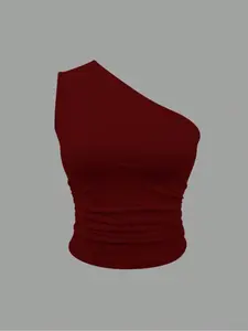 Women's Casual One Shoulder Sleeveless Top, Slim-Fit Summer Fashion Blouse, Side Ruched Waist Design, Plain Color Women's Clothing, Womenswear