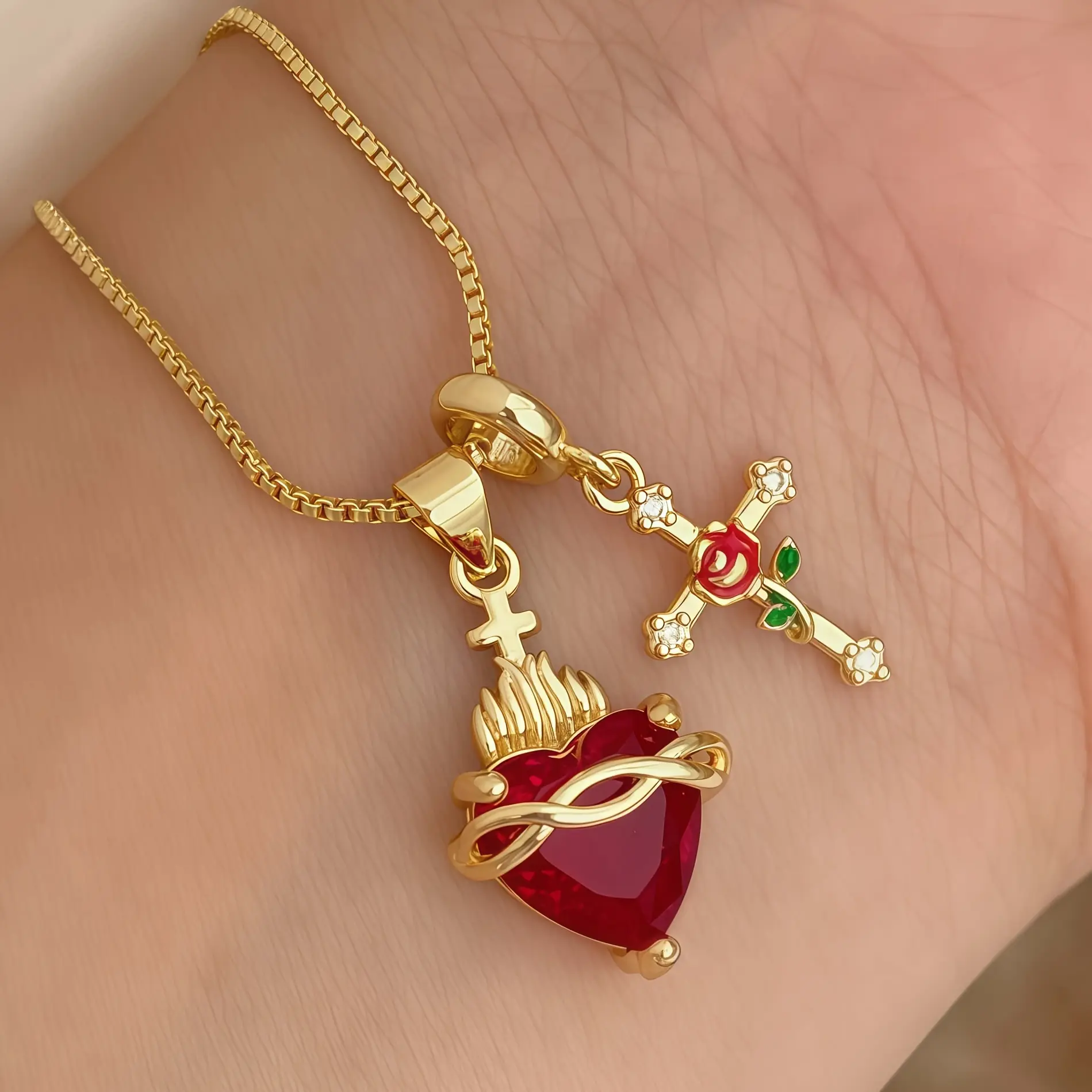 New Heart-shaped Rose Cross Multi-pendant Necklace with Love Heart Zircon Sacred Heart Collar Chain A10009-XL