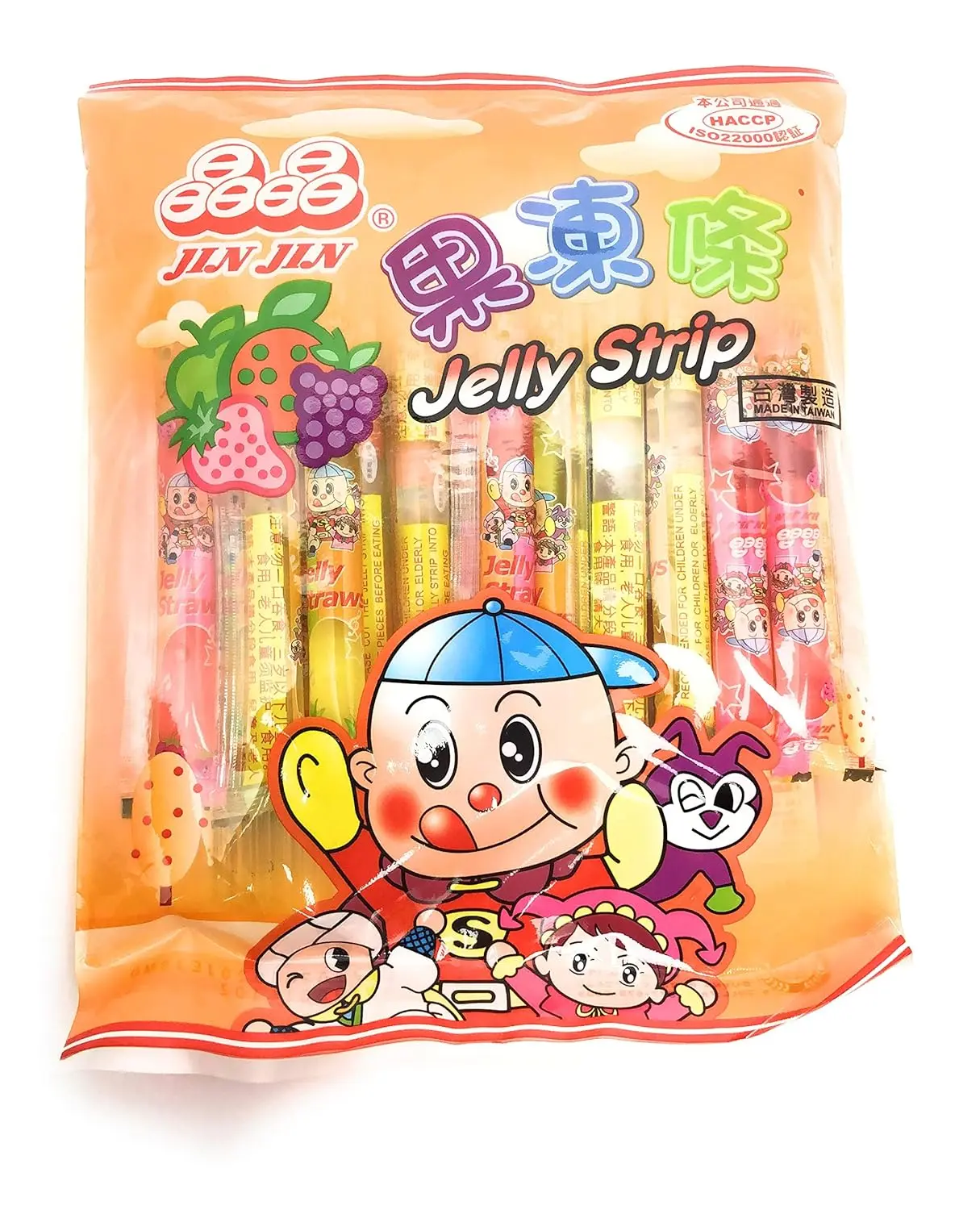 Jin Jin Low Fat Mixed Flavor Jelly Strip Snacks - Ambient Food, Jelly-Filled Straws (Grape, Strawberry, Pineapple, Lychee) - 14.1 Oz Net Wt. Food