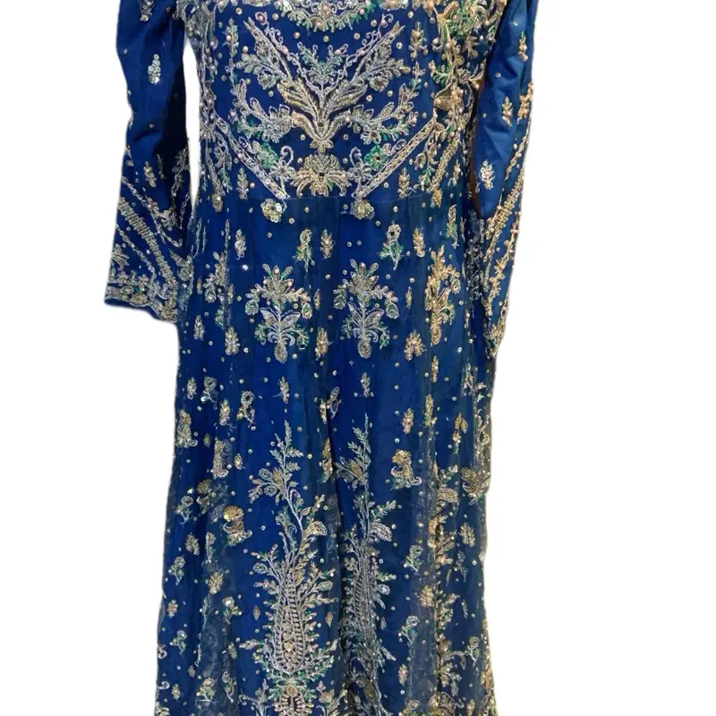 Elegant Blue Wedding Dress with Gold Embroidery and Beading for Special Occasions