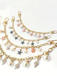 Ocean-Themed Faux Pearl Starfish And Seashell Bag Charm, Trendy Bag Charms, Featuring A Gold Chain Base, Paired With Faux Pearls And Starfish, Seashells Pendants, Accessory For Everyday Outings, Beach Vacations, Bag Charm Set