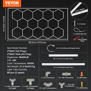 VEVOR Hexagon Garage Lights, 86400LM, 6500K 14 Grid Systems Honeycomb Hexagonal Garage LED Lights, DIY Cool White Car Detailing Garage Ceiling Lighting Bright Shop Light for Gym Basement Workshop