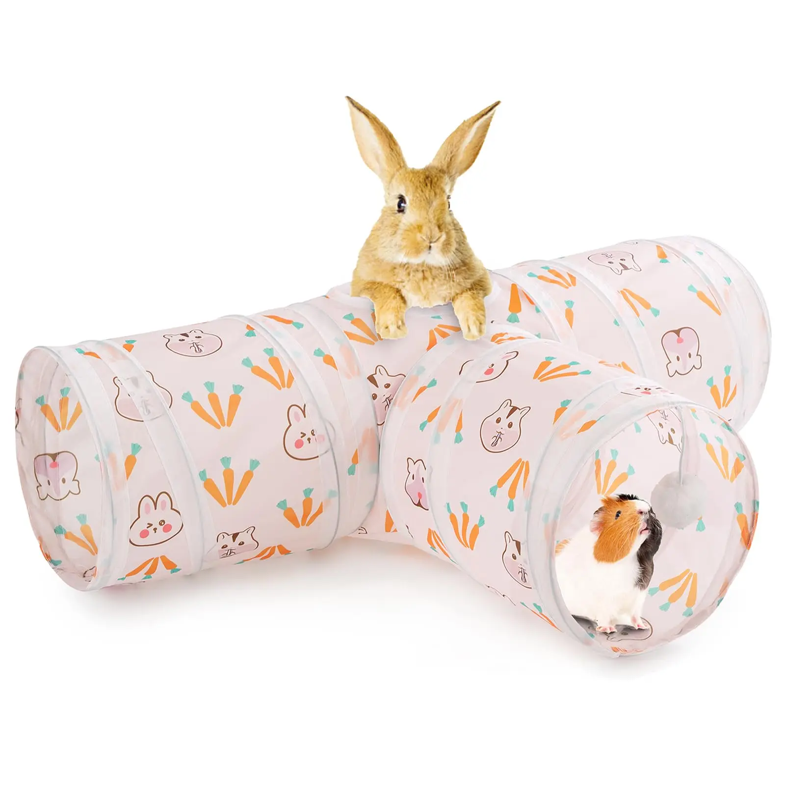 Portable 3-Way Play Tunnel for Small Animals - Collapsible Nylon Hideout with Detachable Parts, 25" Long, Chew Toys Included, Rabbit Guinea Pig Supplies