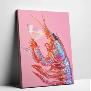Unframed Glitter Lobster Champagne Canvas  Dopamine Decor Pop  Poster Quirky Bar Cart Wall Decor art