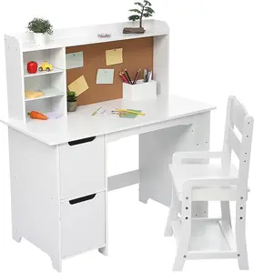 Study Desk with Chair,Wooden Children Study Table,Kids Study Desk and Chair Set with Bookshelf, Bulletin Board and Cabinets for Boys and Girls