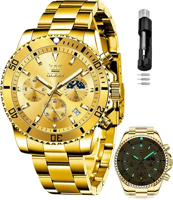 OLEVS Mens Diamond Business Dress Analog Quartz Stainless Steel Waterproof Luminous Date Two Color Luxury Casual Watch