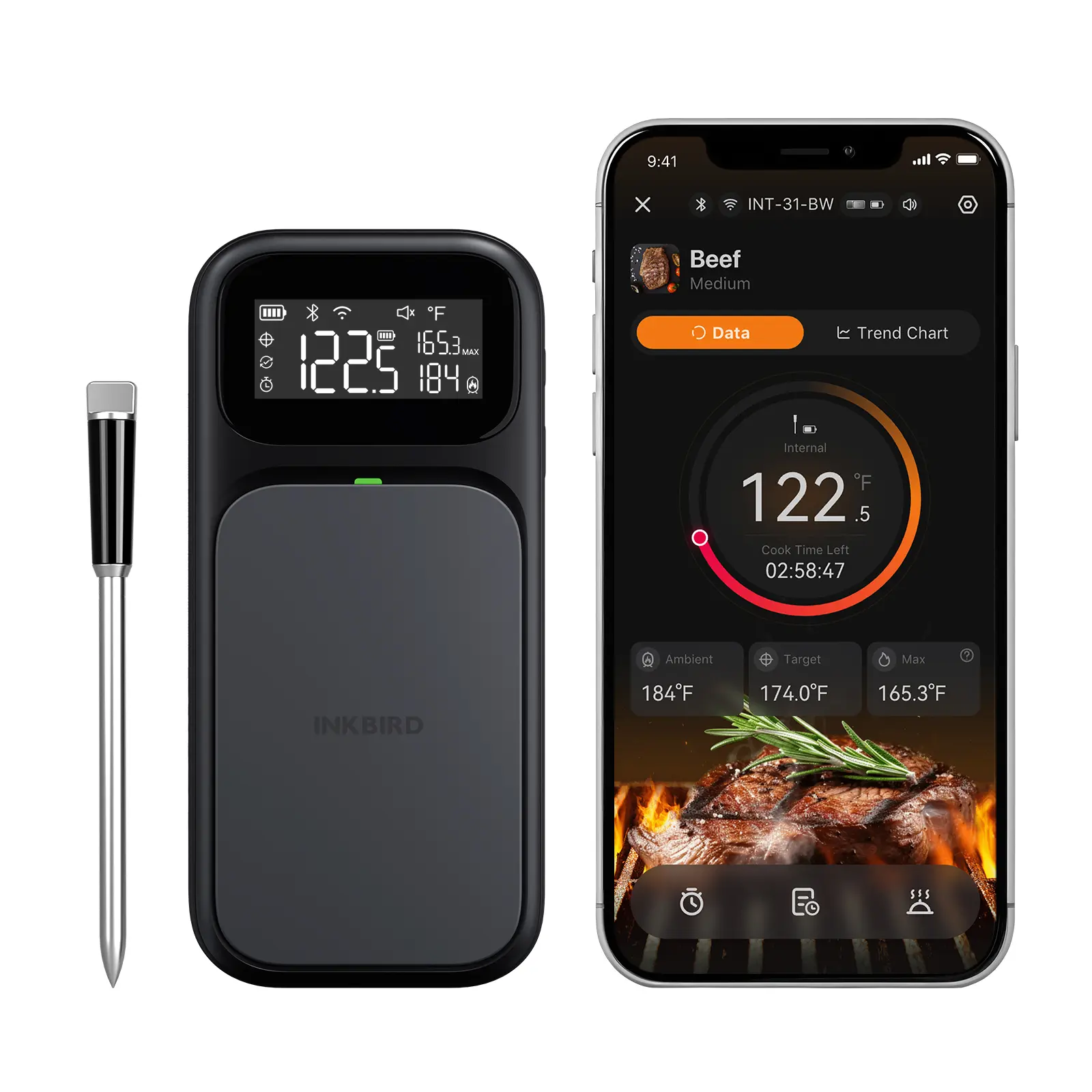 INKBIRD INT-31-BW Wireless Meat Thermometer, WiFi 5G and Bluetooth 5.4 Dual Connection, High and Low Temp Alarms with Cooking Time Estimator restock,gifts for dad