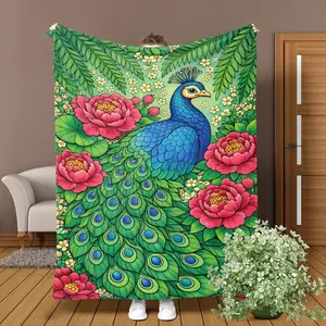 Comfortable Soft Beautiful Peacock Print Flannel Blanket, All-Season Use, Ideal for Sofa Bed Home Decor Office Nap Gift