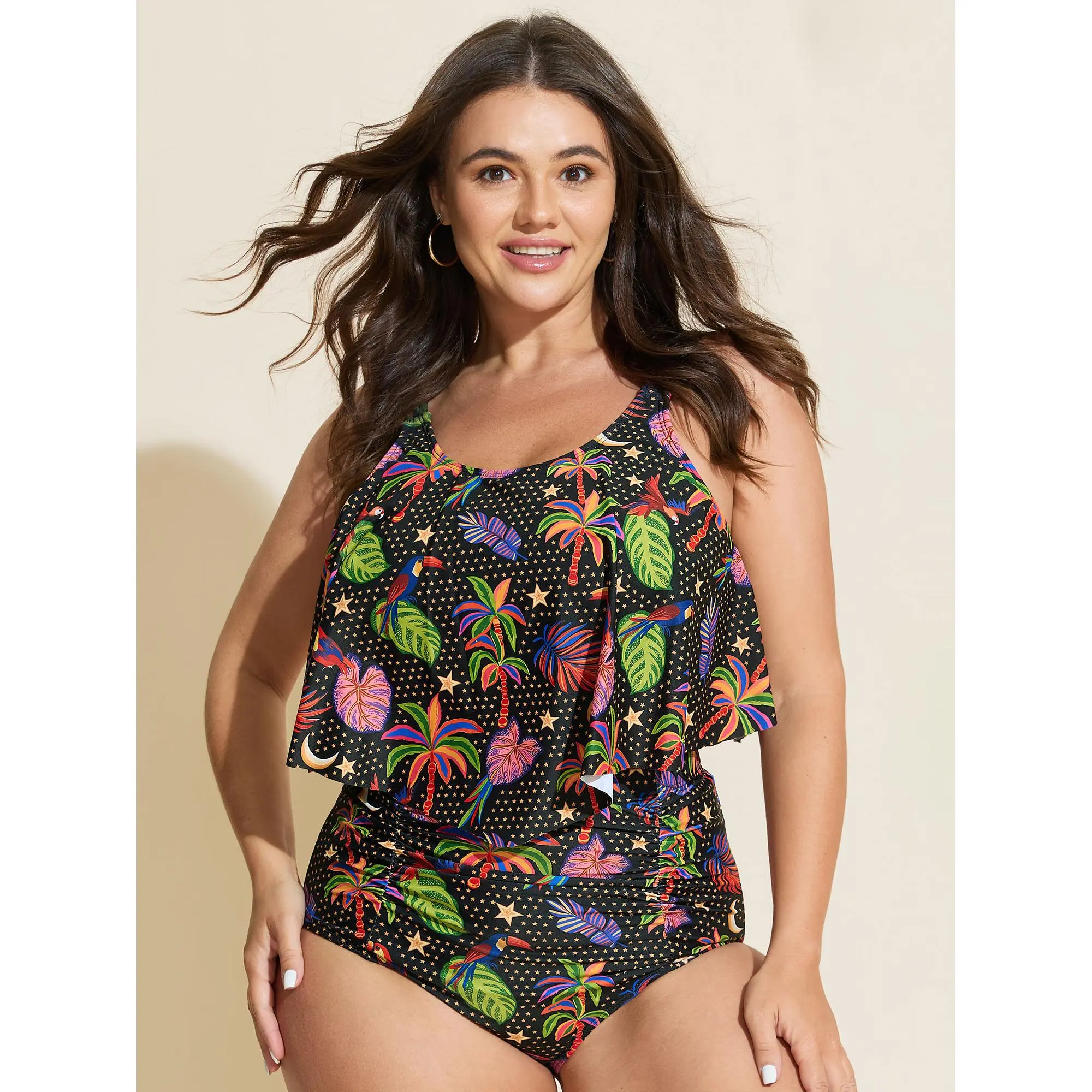 Women's Plus Size Tropical Print Tankini Top, Flared Sleeveless Padded Swimwear, Chlorine Resistant High Stretch Beach Outfit, Tankini Outfit Swimsuit, Swimwear Beach Outfits