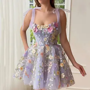 Women's Summer Floral Tie-Strap Tulle Formal Dress, Fairy Embroidery Lace Applique Formal Wear for Prom, Party