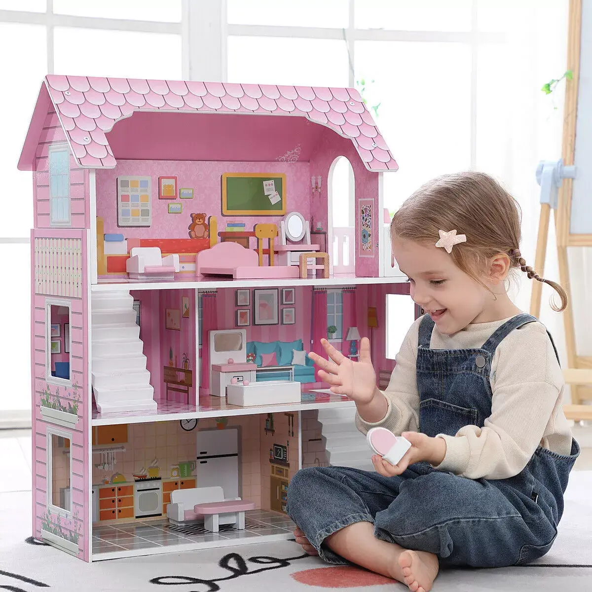 DOMISO Doll House Playset for Kids, 3 Stories Toddler Dollhouse, Pretend Play Toys Gift for Kids
