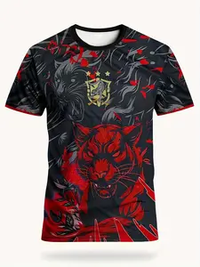 Men's Brazilian Tiger Pattern Soccer Jersey, Quick-Dry Breathable Polyester Fabric, Round Neck Sports Shirt, Sports Slim Fit, for Training & Casual Wear, Athletic Training Apparel, Athletic Activewear