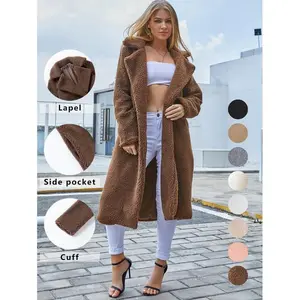 Women's Faux Fur Teddy Coat - Long Sherpa Jacket with Lapel Collar & Side Pockets - Warm Oversized Winter Outwear for Casual Party Wear - Essential Style Piece