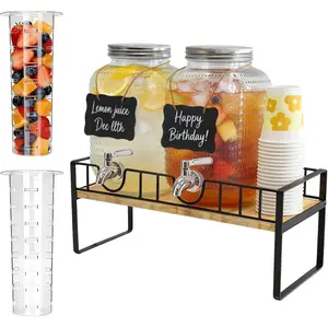 Extra Wider Glass Drink Dispensers For Parties 1 Gallon*2 Packs Set, Beverage Dispenser With Stand Glass Water Dispenser With Spigot Stainless Steel & Filter -for Lemonade, All Juice