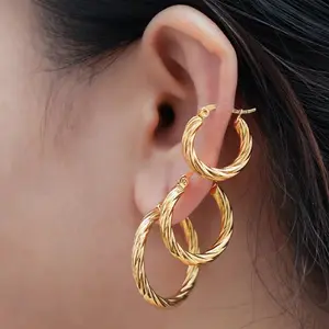 Vintage Twisted Hoop Earrings Set – 3 Pairs Gold Plated Stackable Hoops