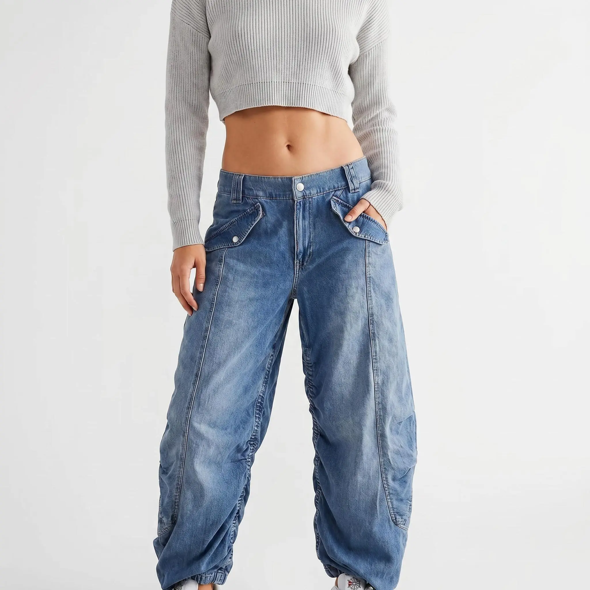 T50 Women's Ruched Barrel Jeans, High Waist Baggy Cargo Denim Pants with Flap Pockets, Casual Streetwear Y2K Baggy Trousers sweats water