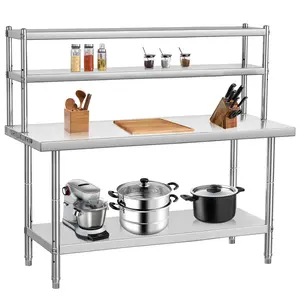 【GARVEE】Stainless Steel Table with Overshelves, 48" X 24" Commercial Work Table with 48" X 12" Shelf, Metal Kitchen Prep Table & Shelving Combo