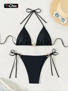 Women's Solid Color Bikini Set, Ruched Knot Bikini, Chic Casual Tie Back Bikini Top & Swim Knicker Swimsuit for Beach Holiday Vacation, Ladies Swimwear for All Seasons