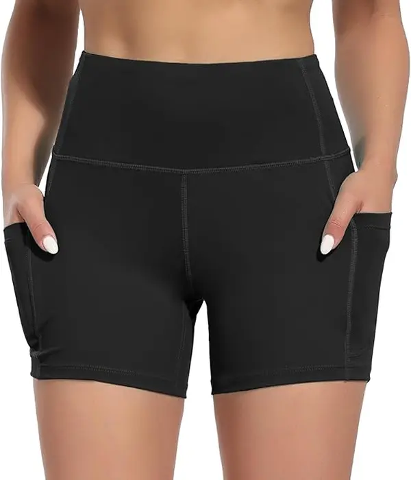 Women's High-Waist Black Yoga Shorts with Pockets - Tummy Control, Stretchy, Durable Polyester/Spandex Blend, Sleek Design, Swimmingshorts for Running & Workout