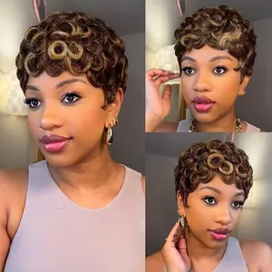 Pixie Cut Wig Human Hair Honey Blonde Highlight Pixie Cut Ombre Human Hair Wig 4/27 Colored Balayage Pixie Curly Wigs for Black Women 100% Human Hair Short Curly Wave Layered with Bangs Glueless Brazilian Virgin Hair Wig