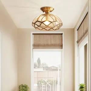 Aeyee Elegant Brass Semi-Flush Mount Ceiling Light, Dome Shape Glass Ceiling Light Fixture, Classic Entrance, Front Entry, Hallway Lighting