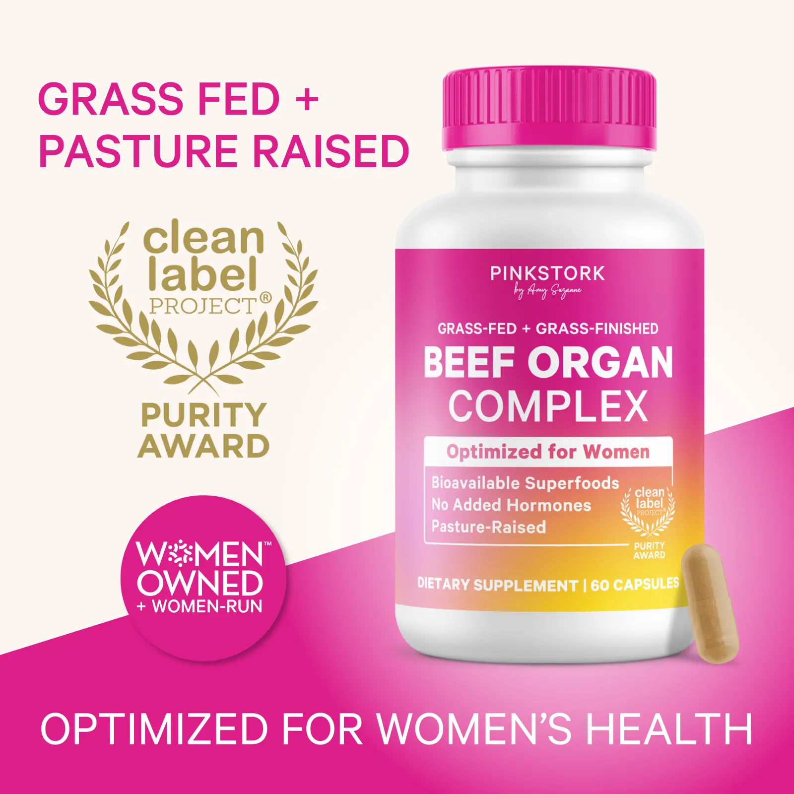 Pink Stork Beef Organ Supplement for Women | Clean Label Primal Bioavailable Multivitamin | Liver, Heart, Ovary, Kidney, Uterus | Grass-Fed | Iron B12 CoQ10 Vitamin A Zinc | Skin + Nail Support | Hormone + Energy | 60 Capsules | Optimum Dietary