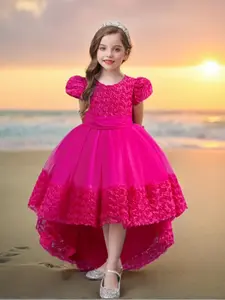 Girl's Flower Design Contrast Mesh High Low Hem Party Dress, Elegant Bow Back Puff Sleeve Round Neck Party Gown, Kids Clothes for All Seasons, Floral Dress, Princess Quince Dresses