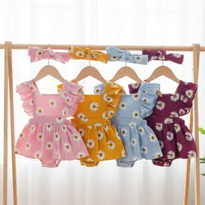 Newborn Baby Girls' Daisy Flower Romper Skirt Set with Headband, Bodysuit Outfit and Headdress