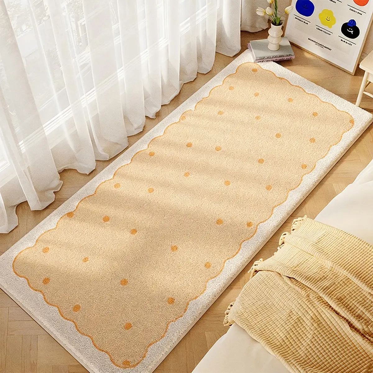Cream Wind Bedside Rug, Girl Bedroom Room Mat, Dopamine Color Polka Dot Carpet, Soft Comfortable Plush Foot Pad, Suitable for Living Room, Indoor Area Rugs