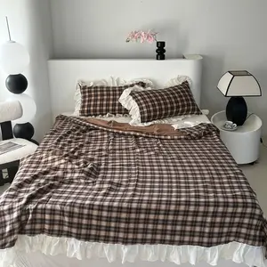 3-Piece Korean Ruffle Vintage Plaid Soft Decorative Bedding Set, Includes Duvet Cover & 2Pillowcases, Girls Room Decor, Single Twin Double Queen Sizes