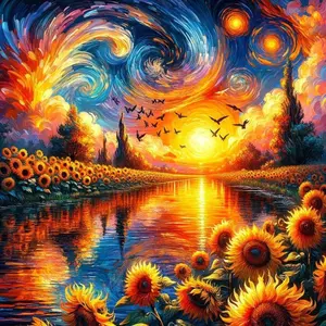 5D DIY Full Drill Round Diamond Painting - Diamond Art Painting Kit Sunflower, River, Sunset Mosaic, Canvas - DIY Home Decor, Wall Decoration, Suitable for Halloween and Christmas, Birthday and Anniversary Gifts, Crafts