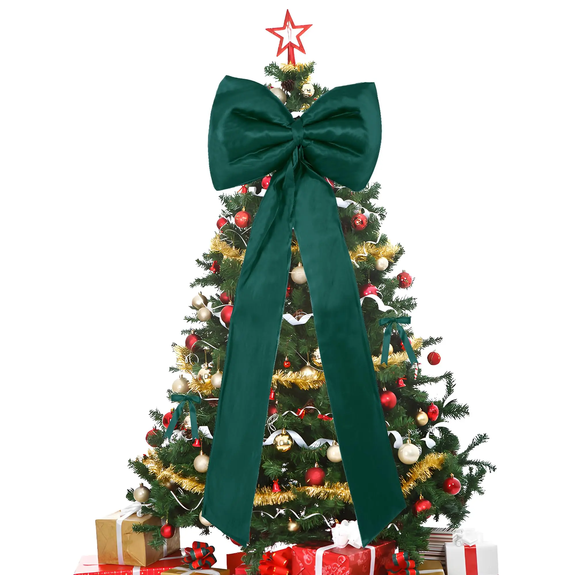 Christmas Decorations - 18 inch Big Christmas Bows & 24 Short Ribbon Bows for Xmas Tree - Giant Satin Bow for Tree Topper Window Mantle Wall Door Decor,Green,A
