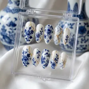 Kintsugi Blue and White Porcelain Nails | Gold Foil Almond Press Ons | Chinoiserie Floral Nail Art | Elegant Wedding Nails