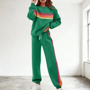 Comfortable round-neck sweatshirt set | Colorful striped pants | Casual daily set with colorful pants | Oversized round-neck set | Fashionable loose pants | GARMENTARY