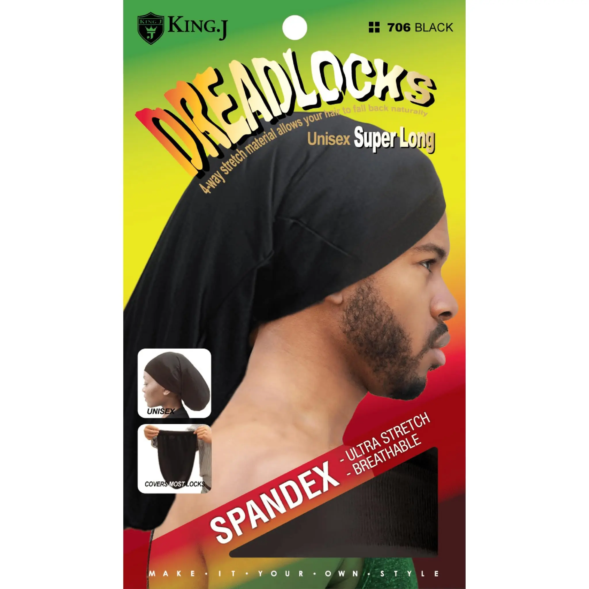 King.J Unisex Spandex Cap for Dreadlocks Super Long Stretch Fit, Black