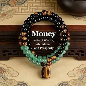 Triple Protection Tiger's Eye ObsidianGreen Onyx Money Attraction Necklace, JadeBeaded Crystal Pendant, Jewelry WealthNecklace Gift for Women and Men