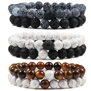 FASHION4U - Set Bracelet Couples Distance Black White Natural Lava Stone Tiger Eye Beaded Yoga Bracelets for Men Women Elastic Rope Jewelry
