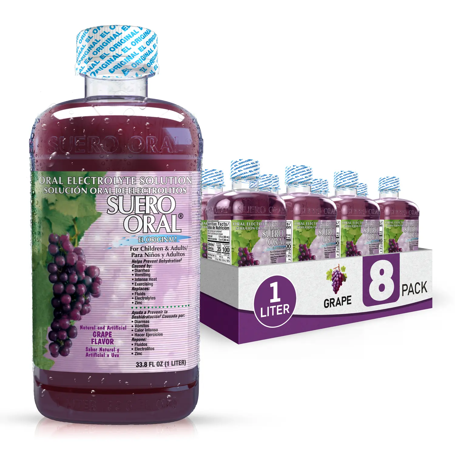 Suero Oral - Electrolyte Solution - Grape- 8 Pack- Electrolytes Drink, Hydration Booster & Rehydration Drink for Kids & Adults, Hydrates, Replenishes, Energizes, Grape Flavor, 1 Liter