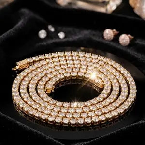 14k Gold Diamond Tennis Necklace - Sparkling Rhinestone Chain for Women & Men - Fashionable Jewelry