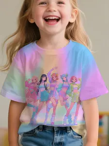 Rainbow Gradient K-Pop Girls' T-Shirt, 3D Girl Group Print, Fresh Loose Fit Top, Summer Fashion Wear, Casual Short Sleeve Tee