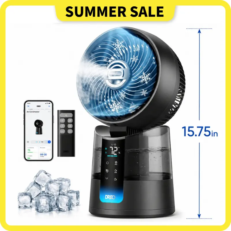 DREO TurboCool 516S Multifunction Desk Portable Fan, 150°+30° Omni-Directional Oscillating Adjustable Cooling High Velocity Smart Fan, Evaporative Air Cooler, 26 ft/s Ultrafine Mist, 20dB Quiet, 6 Speeds, 2 Modes, Remote & App Control, RGB Lighting, Grey