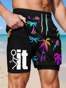 Men's Coconut Tree Letter Fun Lined Shorts, Two-In-One Beach Swim Trunks, Mid-Waist Hawaiian Vacation Elastic Drawstring Waist, Swimming Shorts