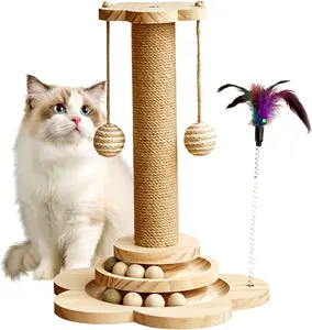 VANHEAWO 4-in-1 Natural Wood Cat Scratching Post, 17.7" Tall Plain Look Scratcher with 2-Level Track Balls, Interactive Toys, Feather Toy, Sisal Hanging Balls for Indoor Cats