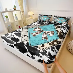 3Pcs Cowhide Patterned Fitted Sheet Set, Black and White Cow Print with Turquoise Diamond Accent, Soft and Durable Fabric, Perfect for Rustic and Country Home Decor, Includes 1 Fitted Sheet, 2 Coreless Pillowcases, Decorative bedsheet sets